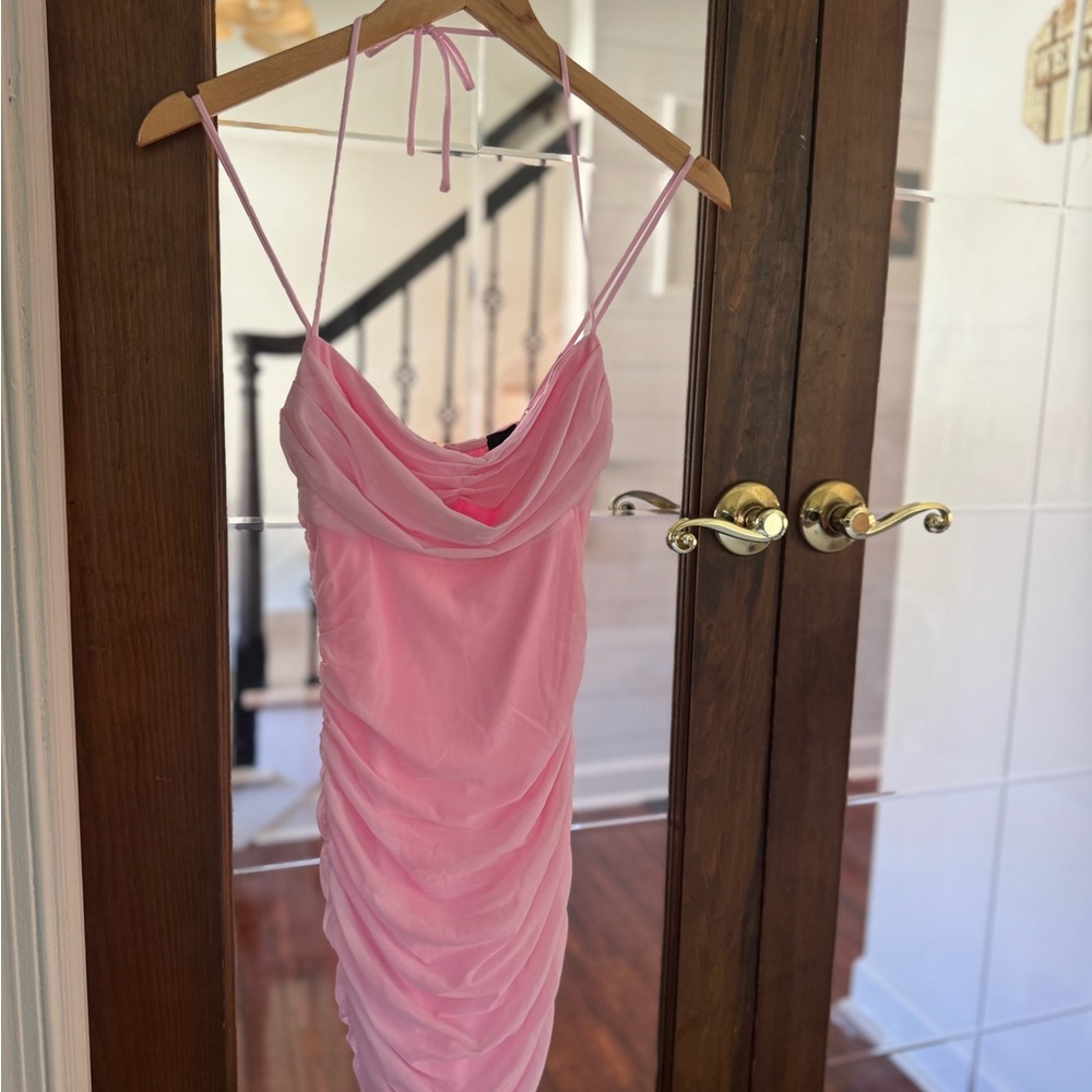 Pink Ruched Spaghetti Strap Dress
